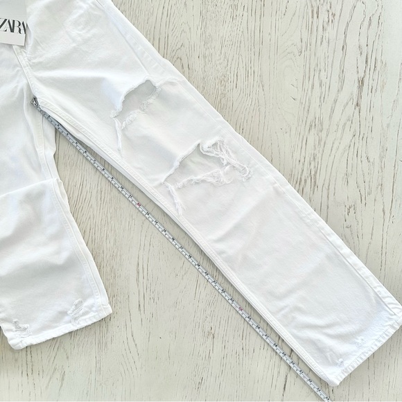 ZARA | (NWT) WHITE DISTRESSED WIDE LEG Z1975 FULL LENGTH RIPPED JEANS STRAIGHT - Picture 13 of 16